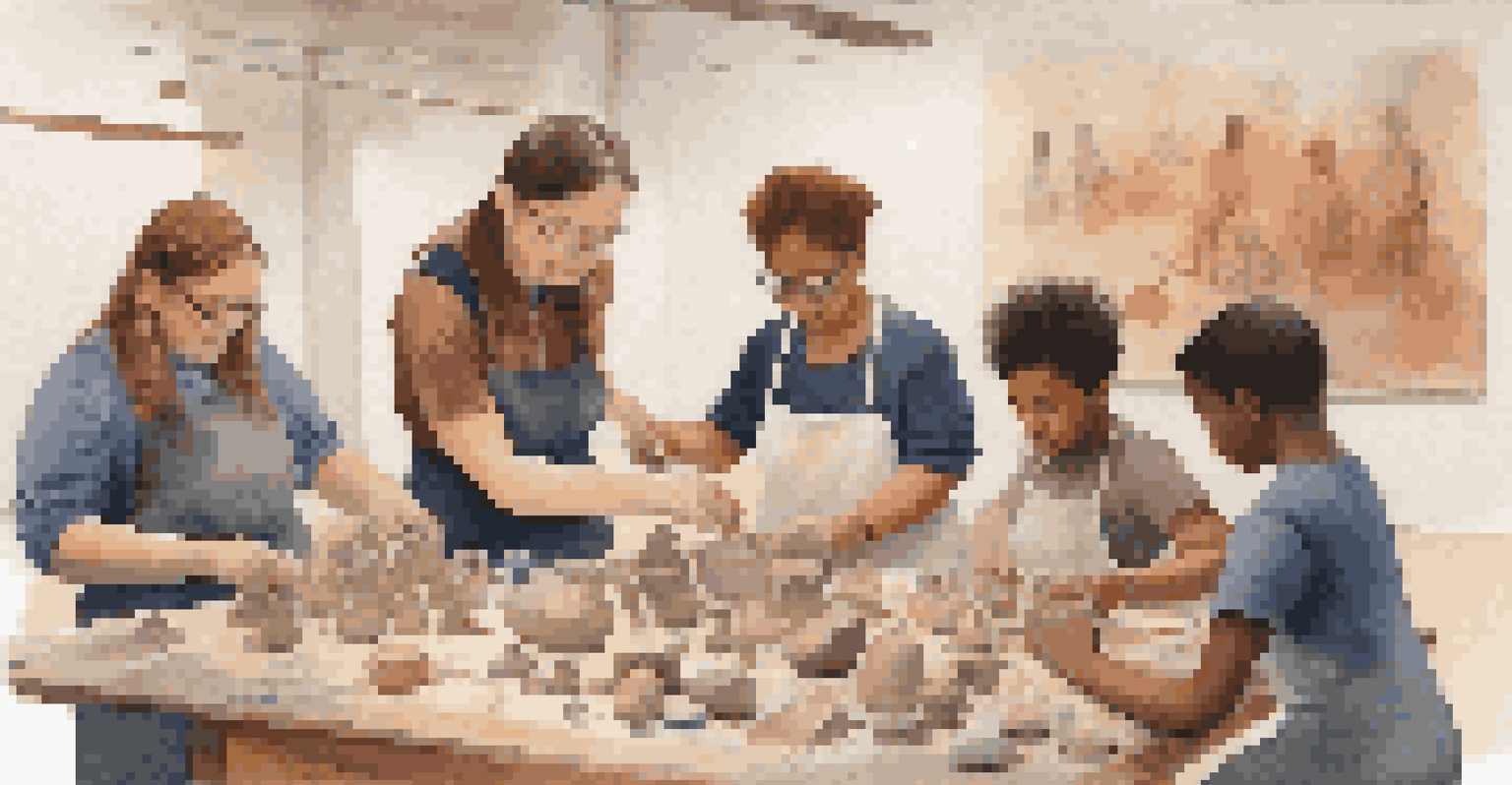 An artist mentor assisting a diverse group of students in an art workshop, as they work on clay sculptures with a warm and inviting atmosphere.