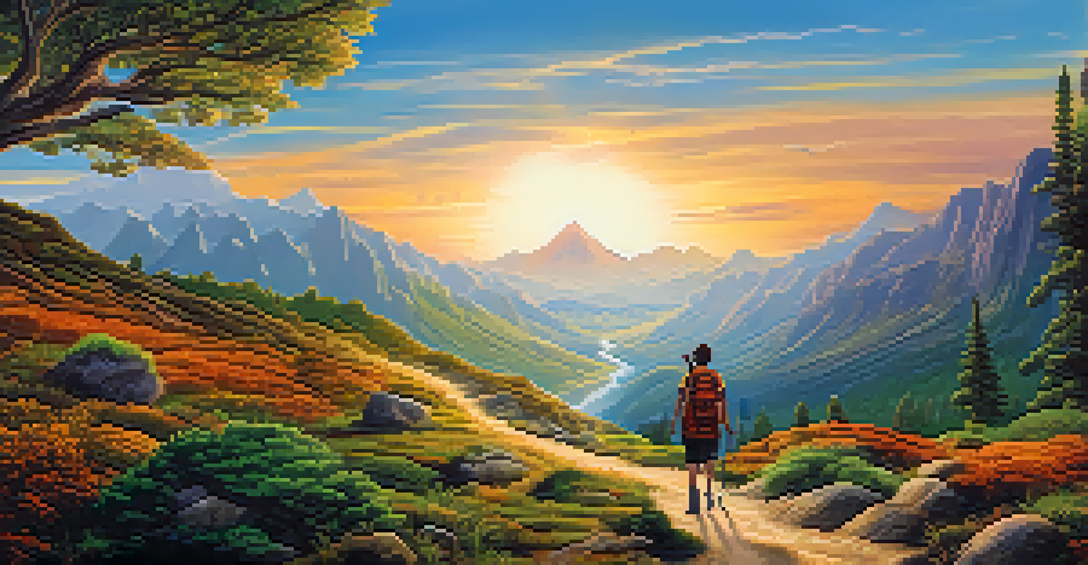 A lone traveler on a winding path through diverse landscapes, encountering mythical creatures and challenges along the way.