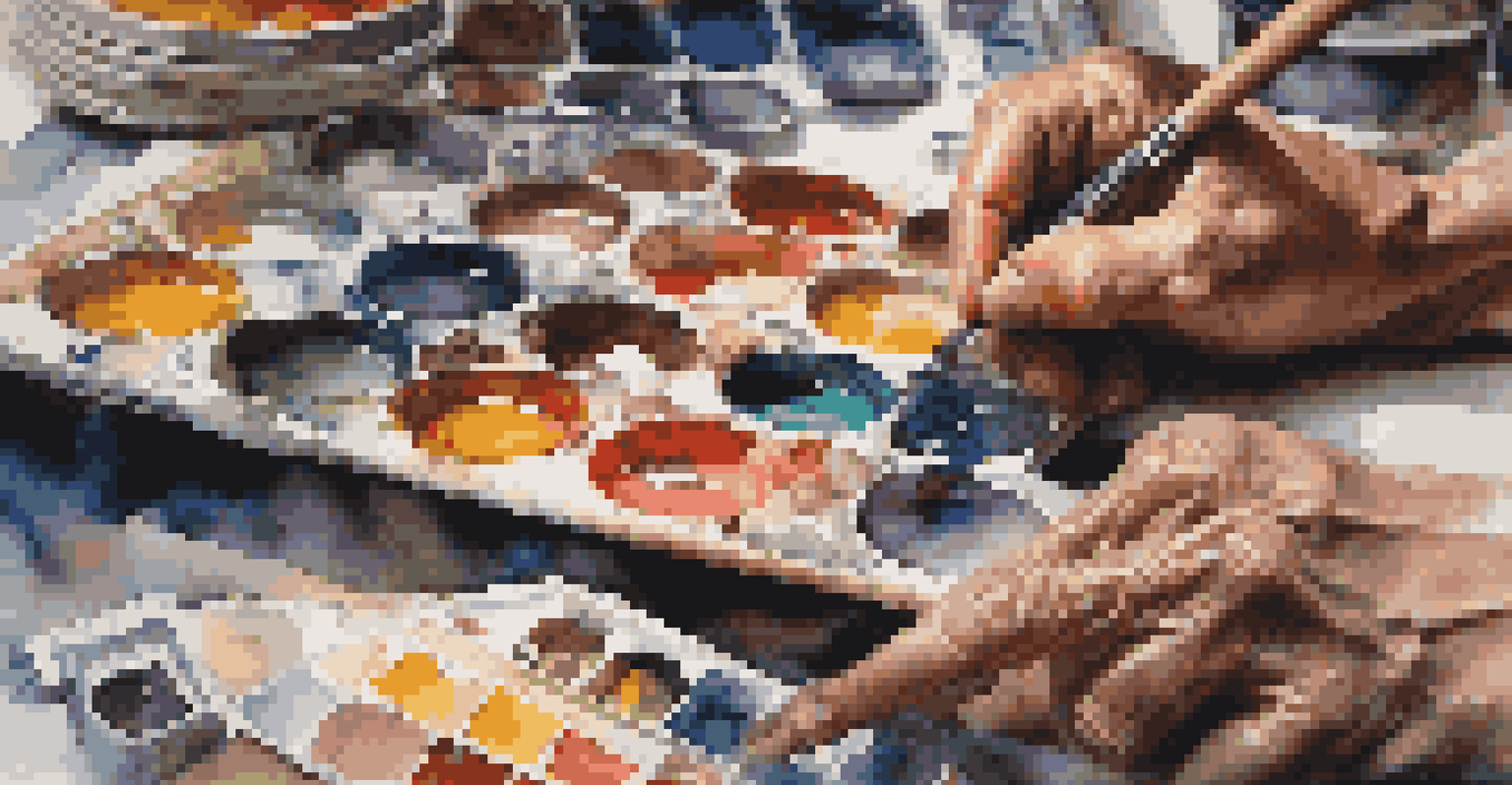 An artist's hands mixing vibrant paints on a palette, with art supplies in the background.