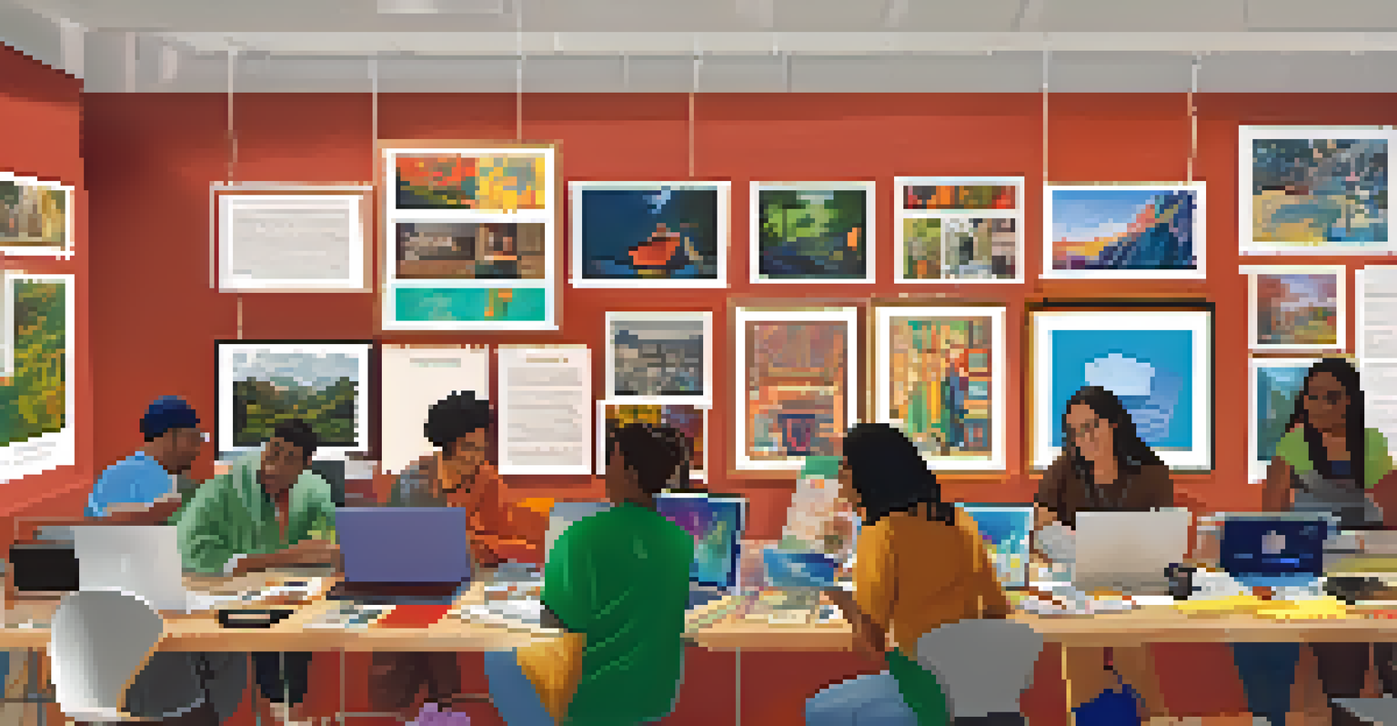A community workshop on digital art preservation with diverse participants cataloging artworks and sharing resources, surrounded by colorful posters.