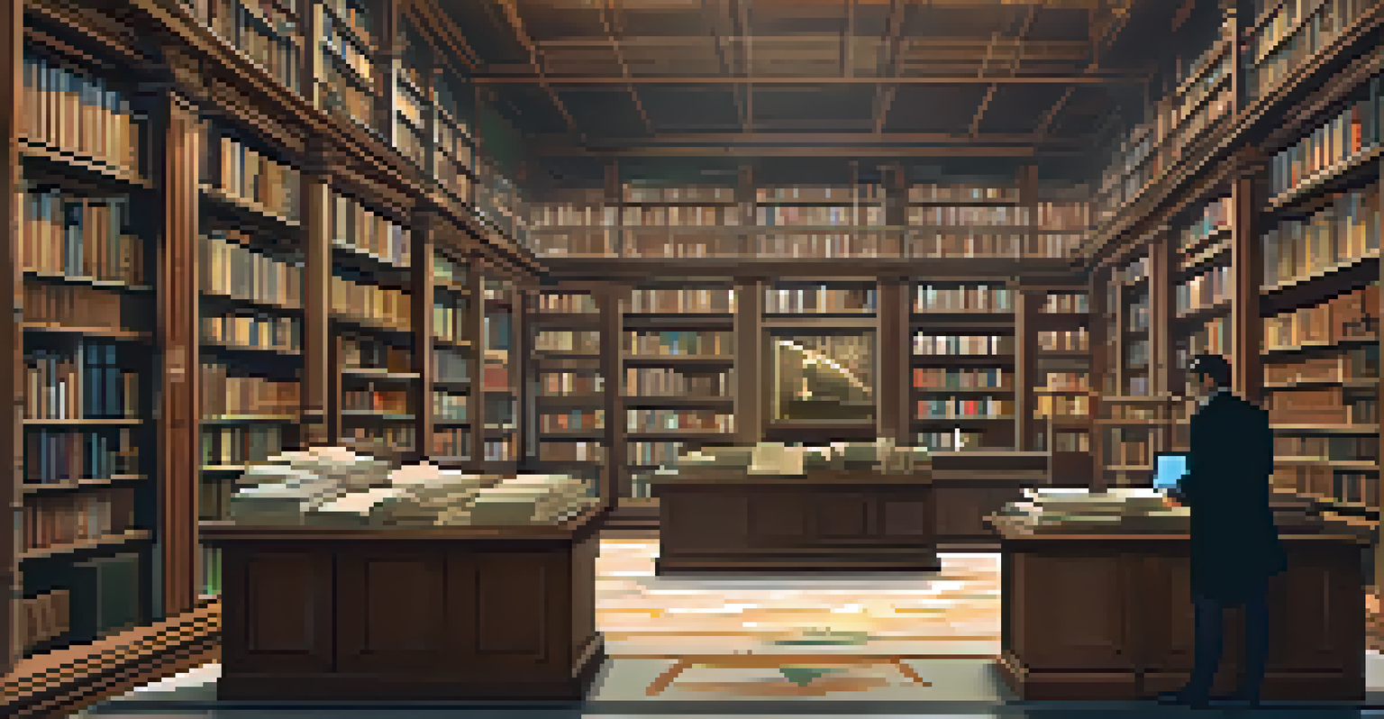 A peaceful library with digital archives on screens, where a researcher explores historical digital artworks.