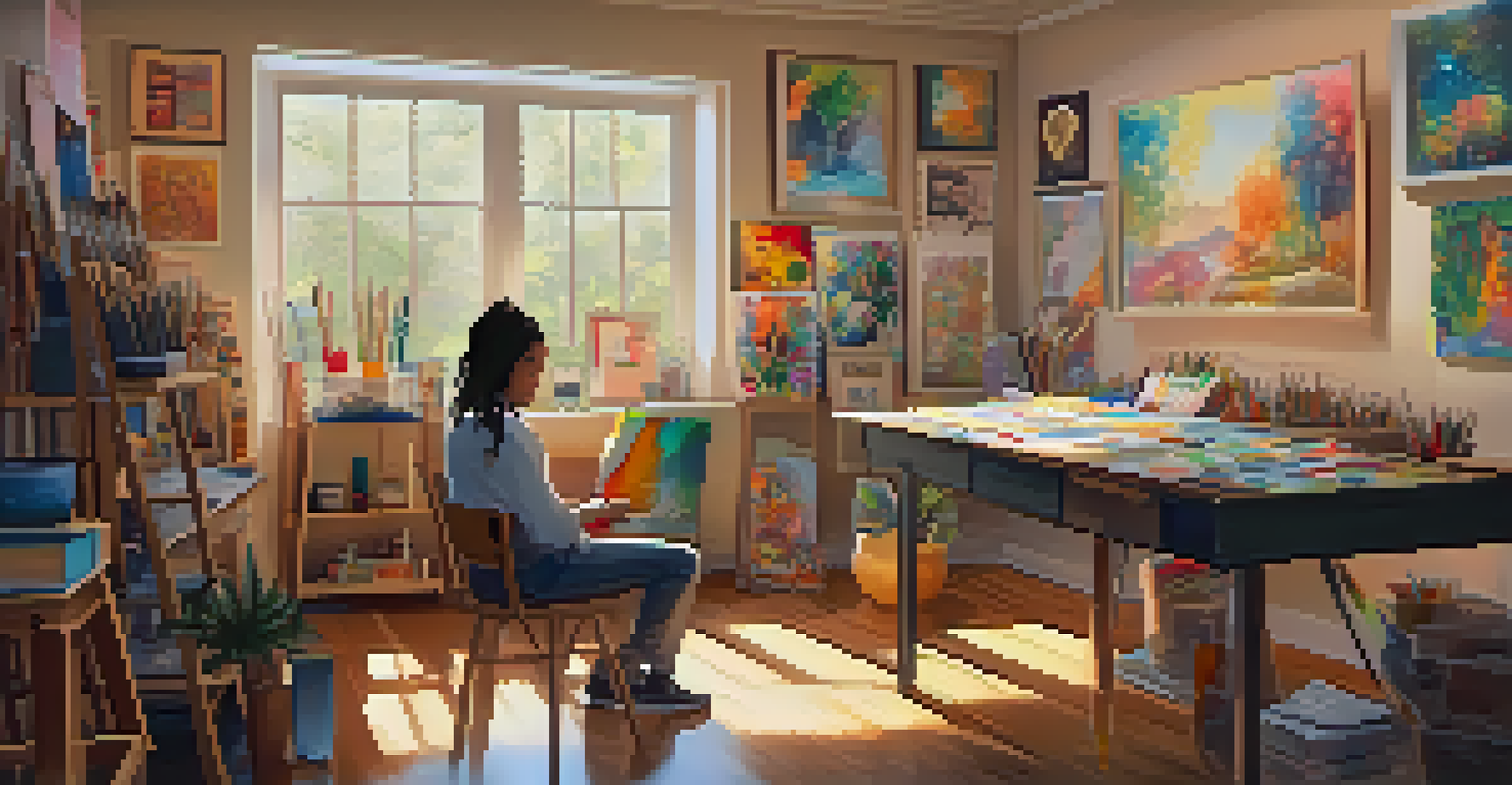 A young person in a cozy art therapy room, surrounded by art supplies and colorful artwork, emphasizing a safe space for self-expression.