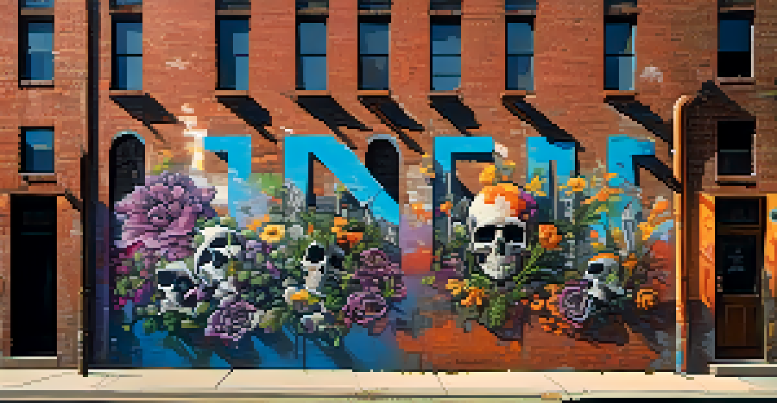 A modern cityscape with graffiti art depicting skulls and flowers on an alley wall, illuminated by streetlights creating soft shadows.