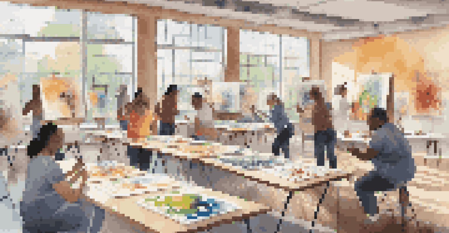 Participants of different ages and backgrounds actively engaged in a collaborative art workshop, with colorful canvases and art supplies, and sunlight streaming through large windows.