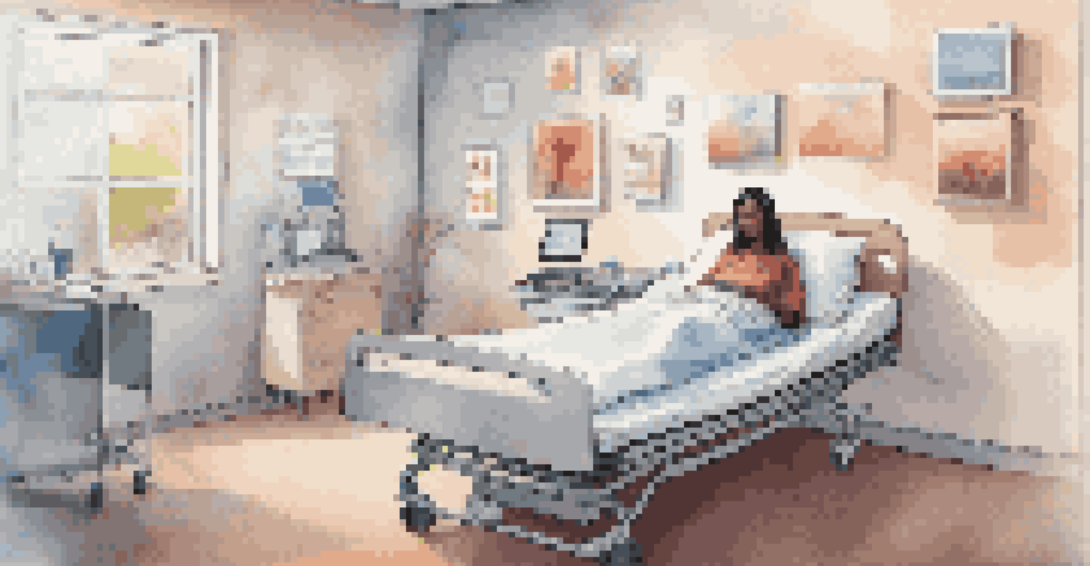 A patient using a tablet for digital art therapy in a cozy hospital room.