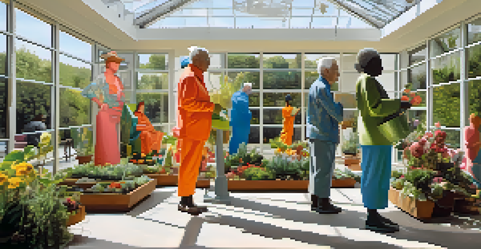 An art installation with vibrant sculptures of elderly figures engaged in creative activities, set in a bright space with natural light.