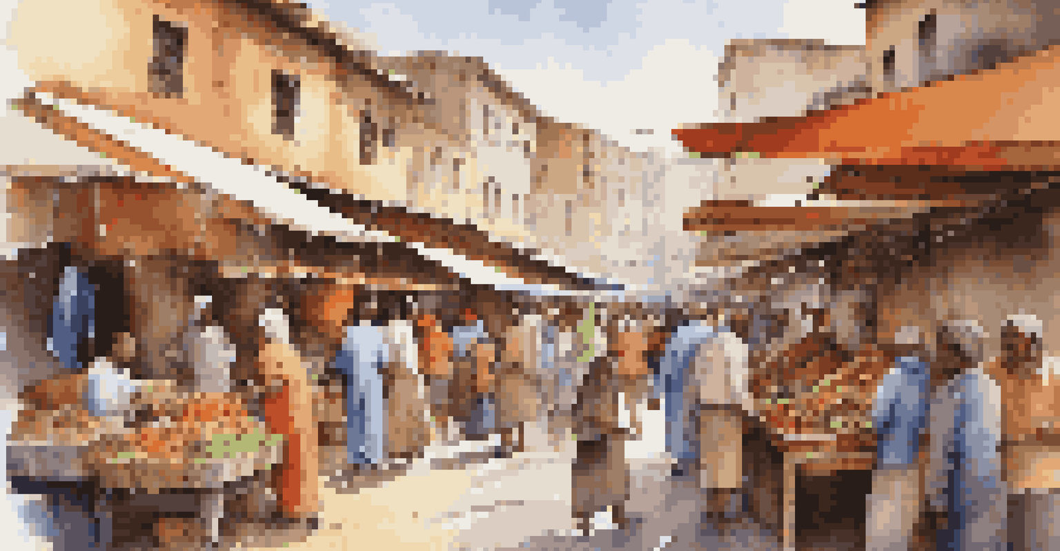 A lively marketplace filled with colorful stalls and people interacting, creating a vibrant community atmosphere.
