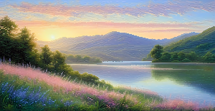 A peaceful sunrise landscape with soft pastel colors in the sky, gentle hills, and a calm lake reflecting the scene, along with wildflowers in the foreground.