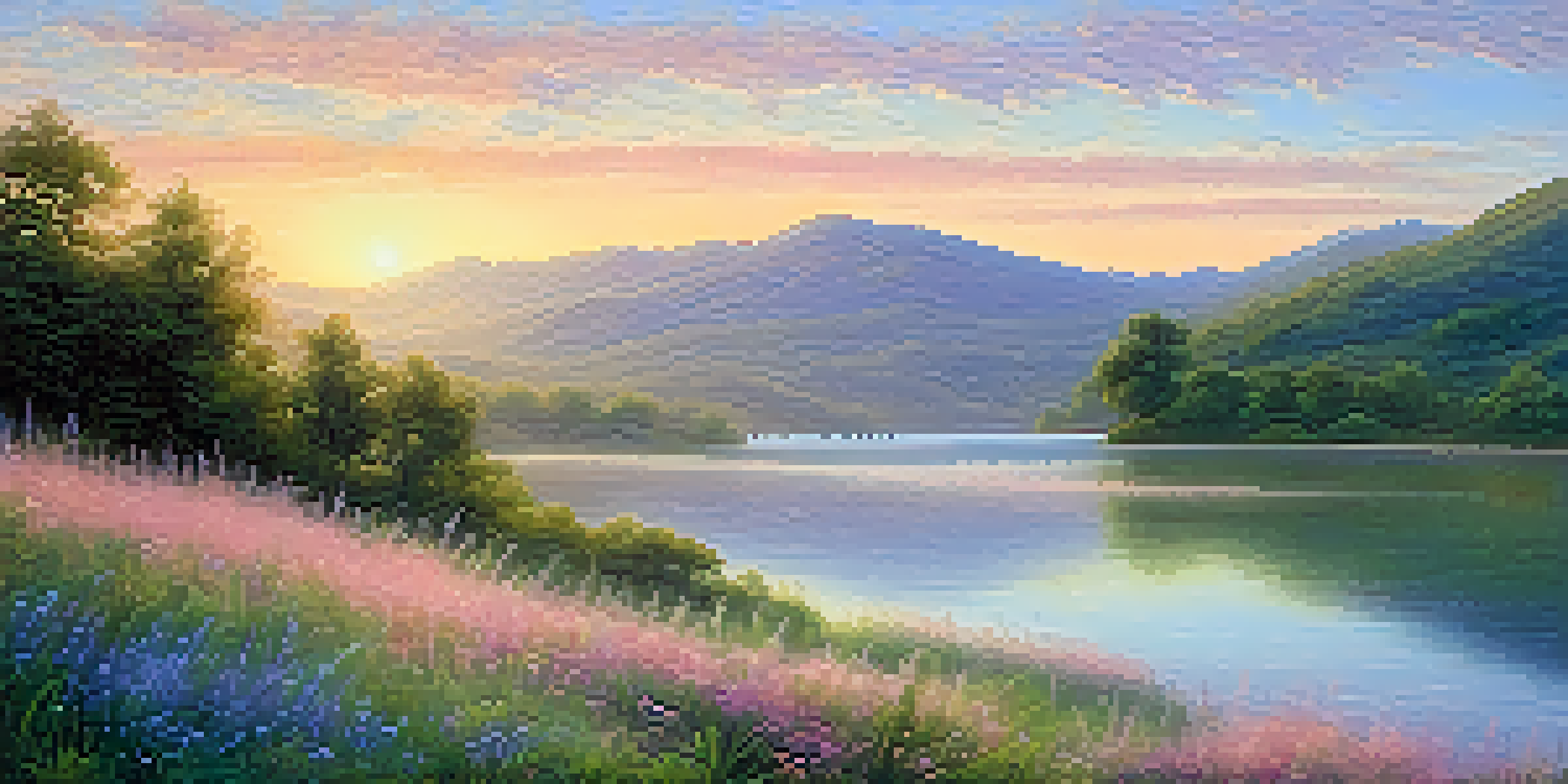 A peaceful sunrise landscape with soft pastel colors in the sky, gentle hills, and a calm lake reflecting the scene, along with wildflowers in the foreground.