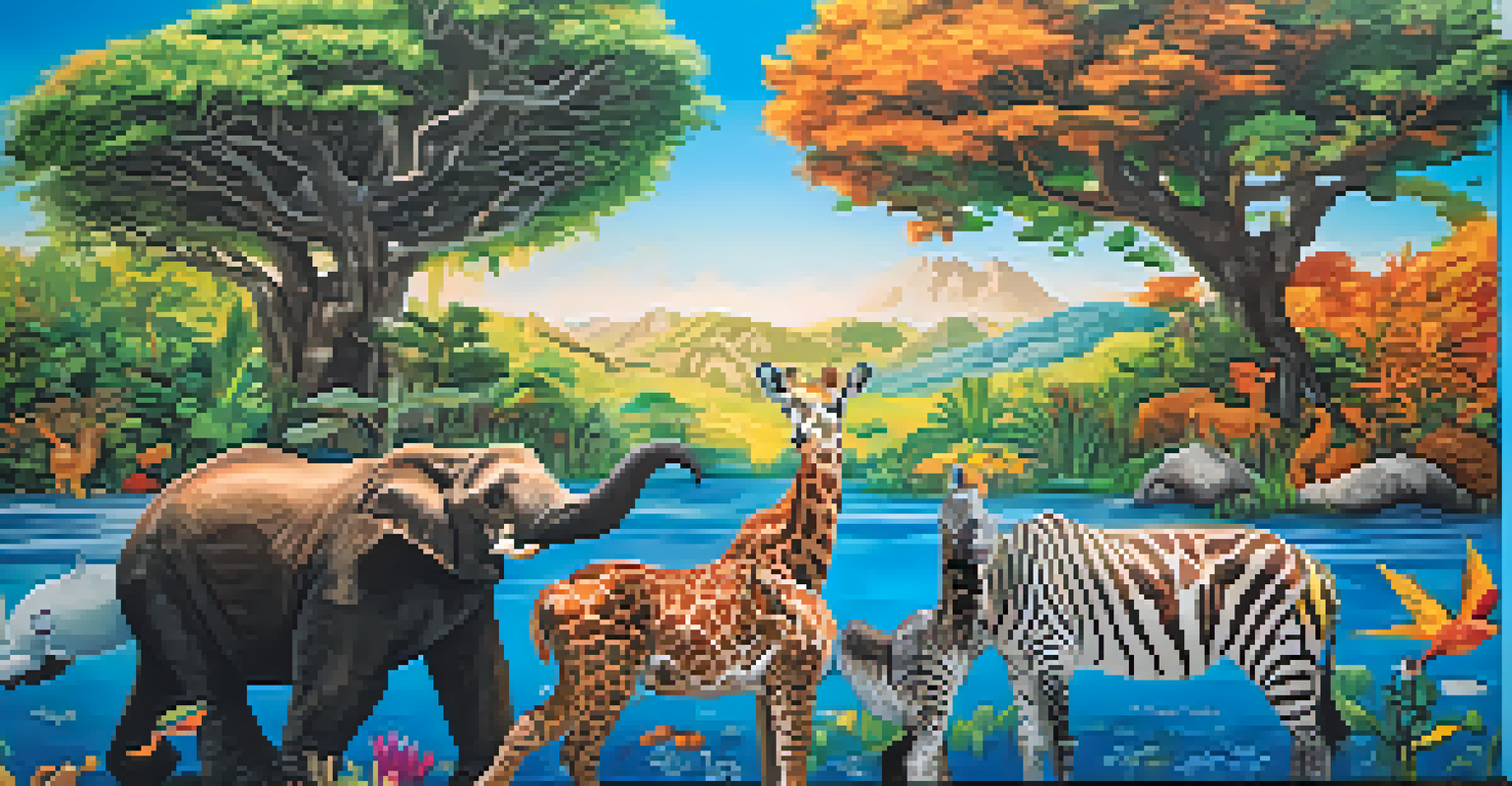 An interactive mural showcasing endangered species with a QR code for augmented reality experience, set in an urban setting.