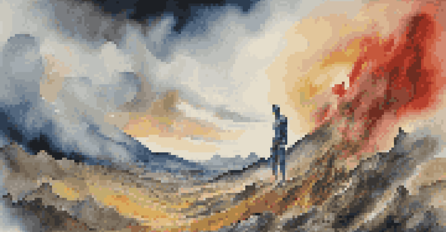An expressionist artwork of a heroic figure in a dramatic landscape, surrounded by swirling clouds and intense colors.