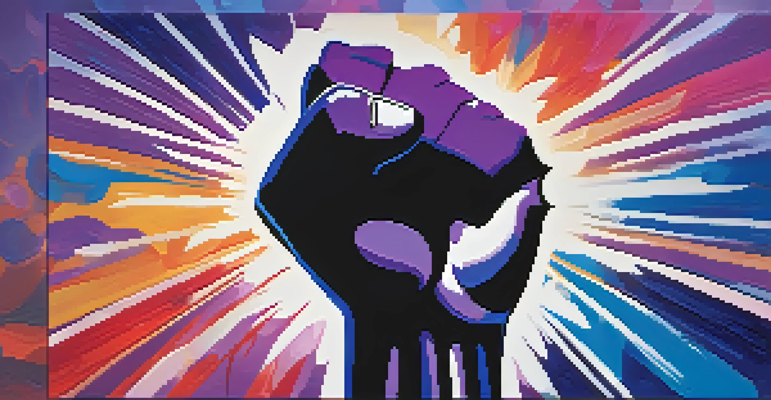 A striking digital image of a raised fist surrounded by vibrant abstract colors, symbolizing empowerment.