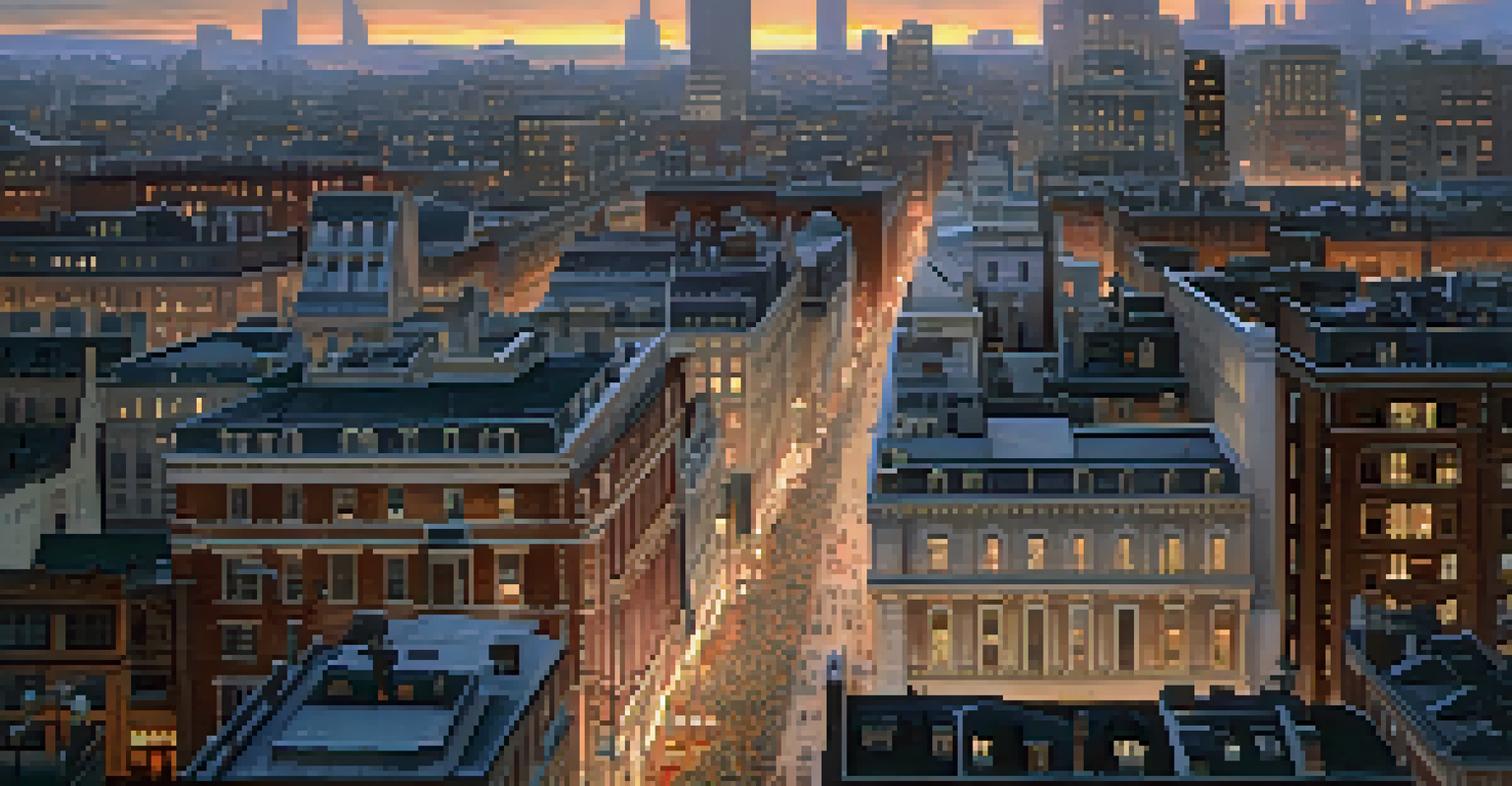 A bird's-eye view of a cityscape at dusk, showcasing a blend of modern and historical architecture with city lights.