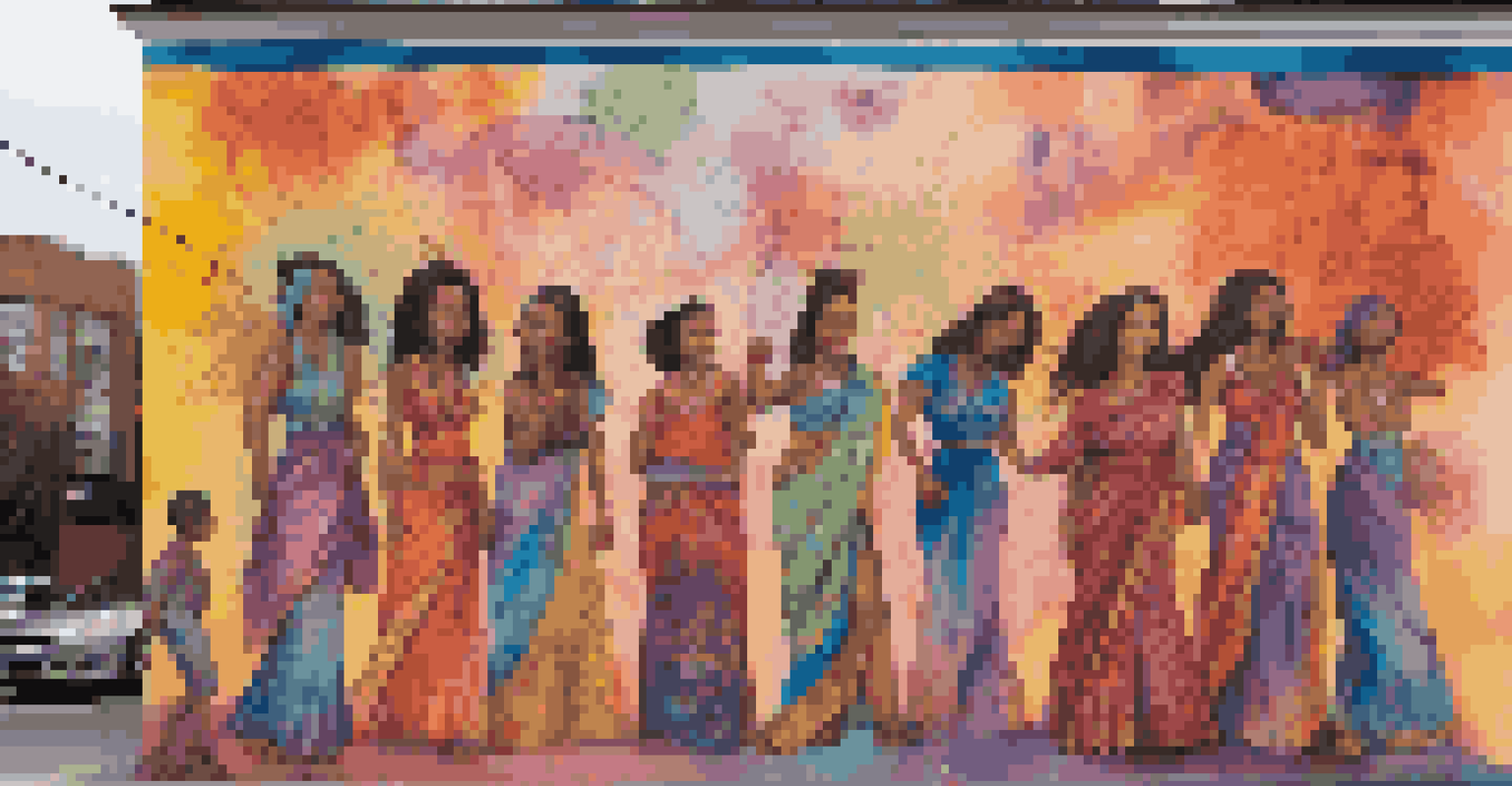 A colorful outdoor mural featuring diverse female figures, symbolizing empowerment and gender equality, with people admiring it in an urban setting.