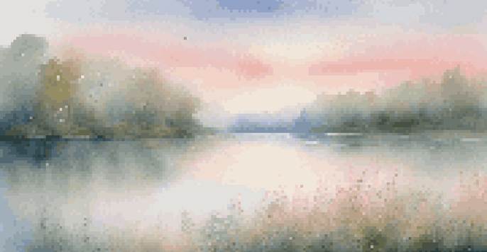 A peaceful lake at dawn with soft pastel colors in the sky and wildflowers in the foreground.