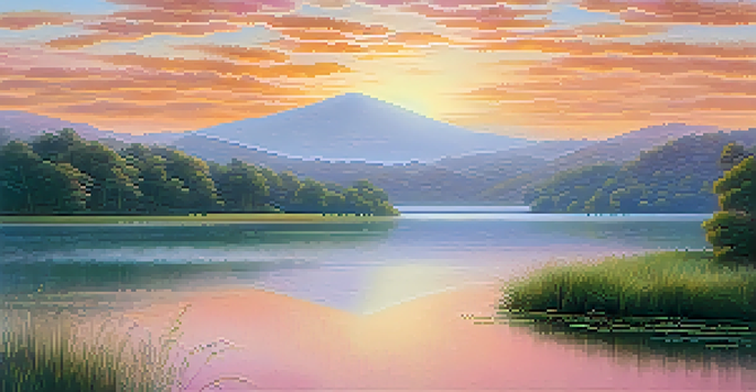 A peaceful landscape with a calm lake and hills at sunrise, showcasing warm colors and mist over the water.