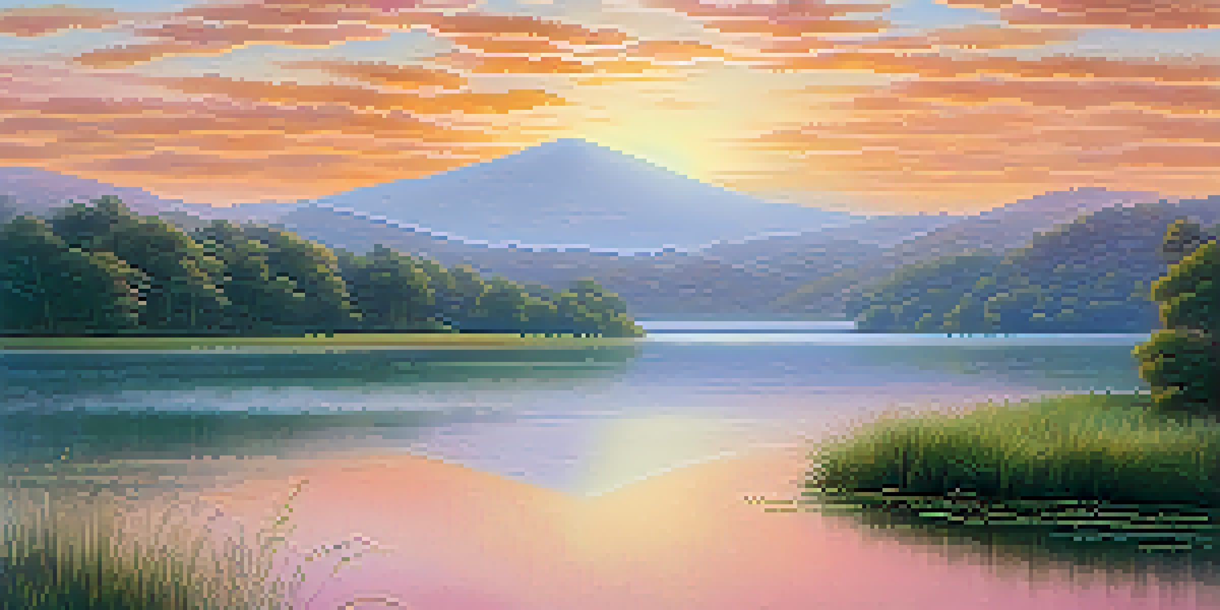 A peaceful landscape with a calm lake and hills at sunrise, showcasing warm colors and mist over the water.