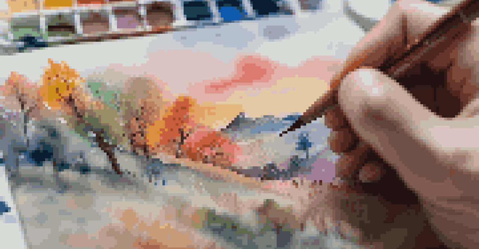 Close-up of an artist's hands painting on a canvas with a colorful palette.