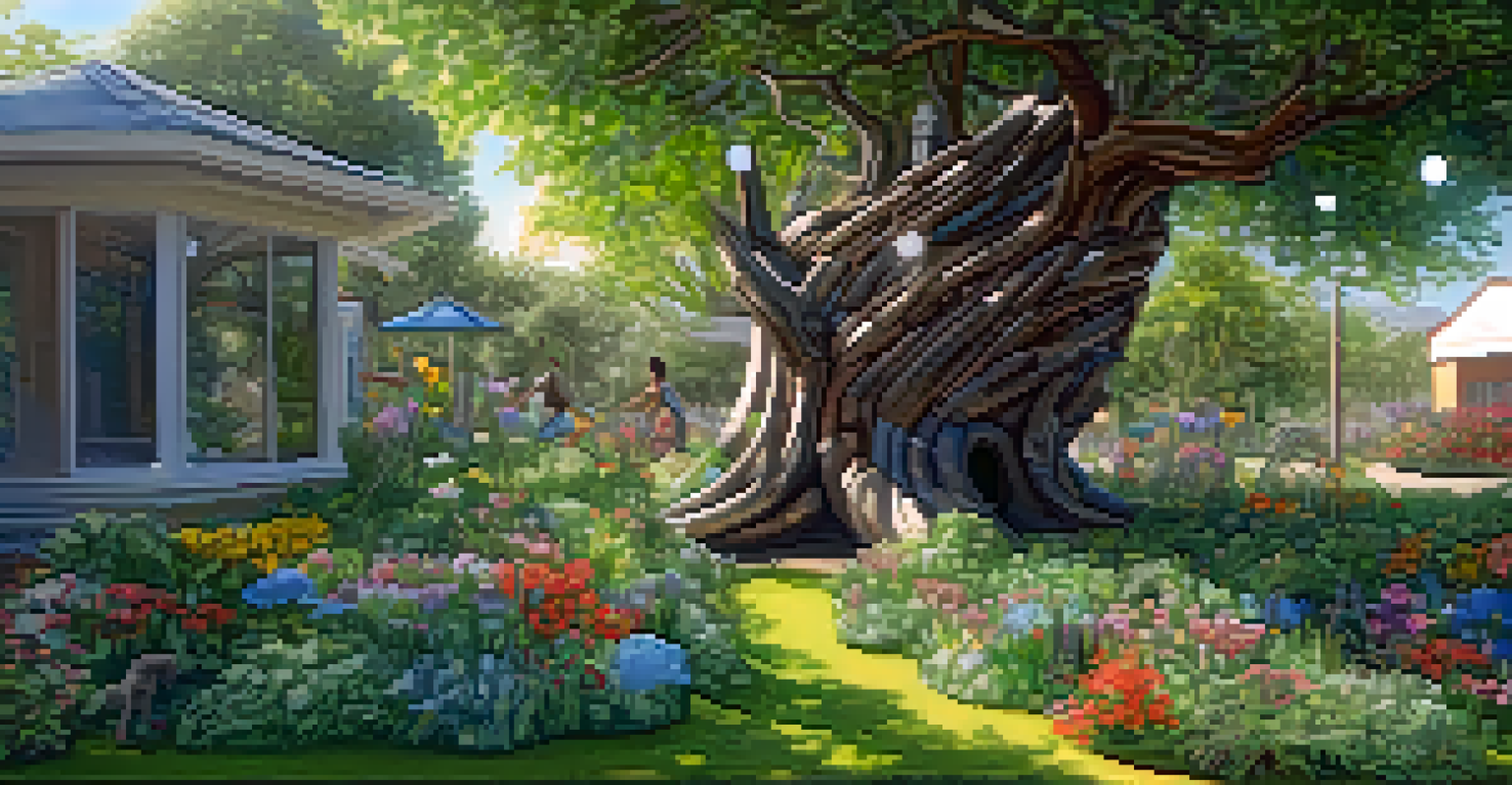 An eco-art installation in a garden, showcasing a tree sculpture made from recycled materials, surrounded by flowers and community members planting vegetables.