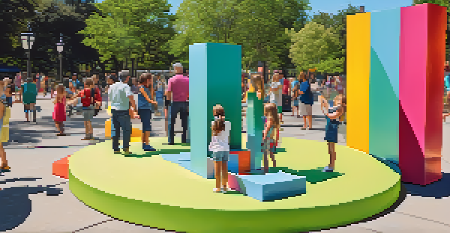 An interactive art installation with colorful sculptures in a park, where families and children are engaged and enjoying.