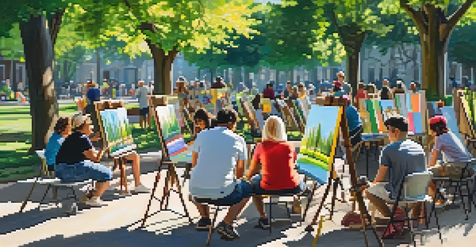 A community art workshop in a park with people of different ages painting on easels under sunlight filtering through trees.