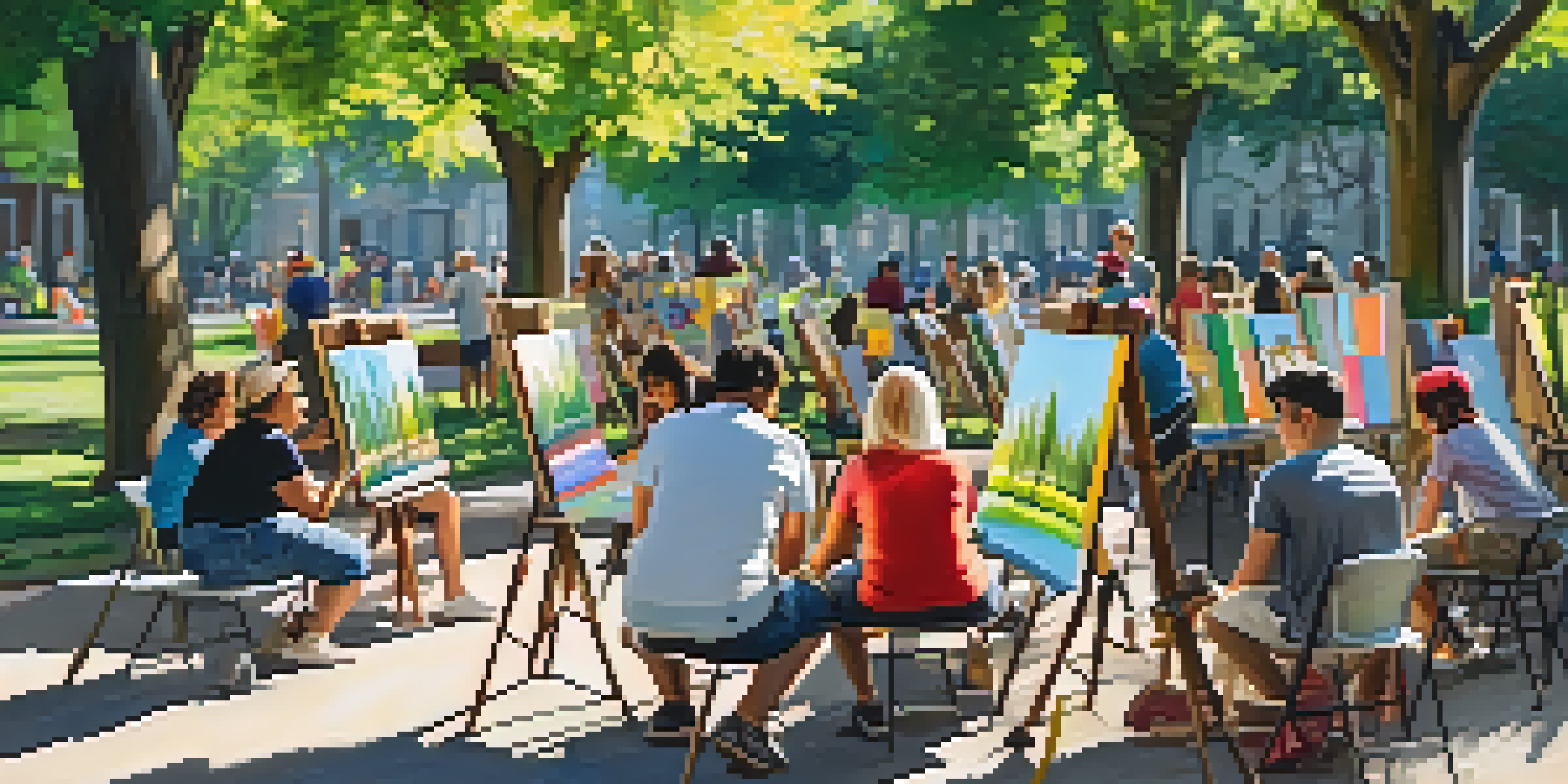 A community art workshop in a park with people of different ages painting on easels under sunlight filtering through trees.