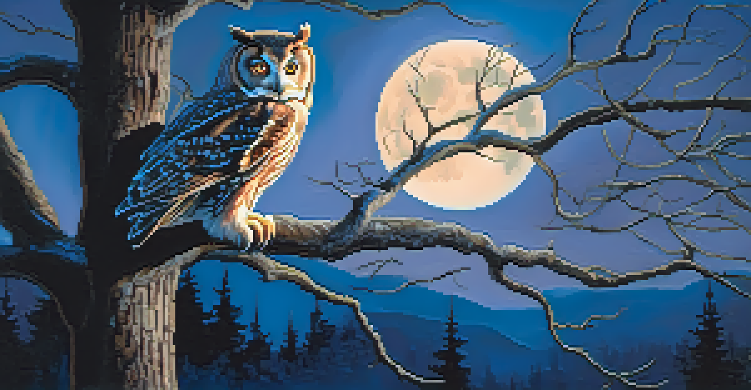 A wise owl sitting on a tree branch at dusk, illuminated by moonlight, with expressive eyes.