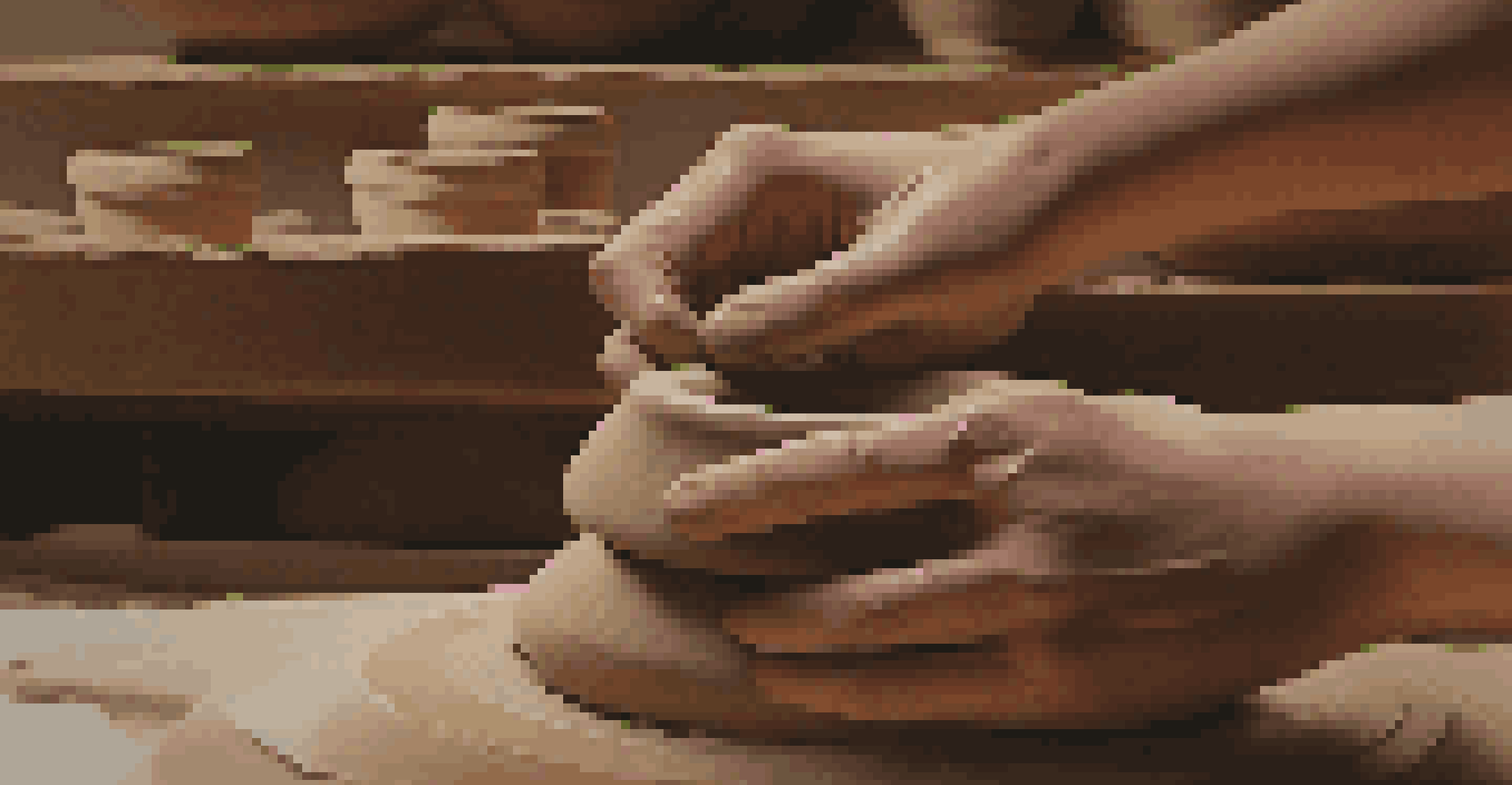 A close-up of a student shaping clay on a pottery wheel, with warm lighting and art supplies in the background.
