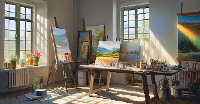 An artist in a bright studio painting on a canvas, surrounded by colorful artworks and art supplies.