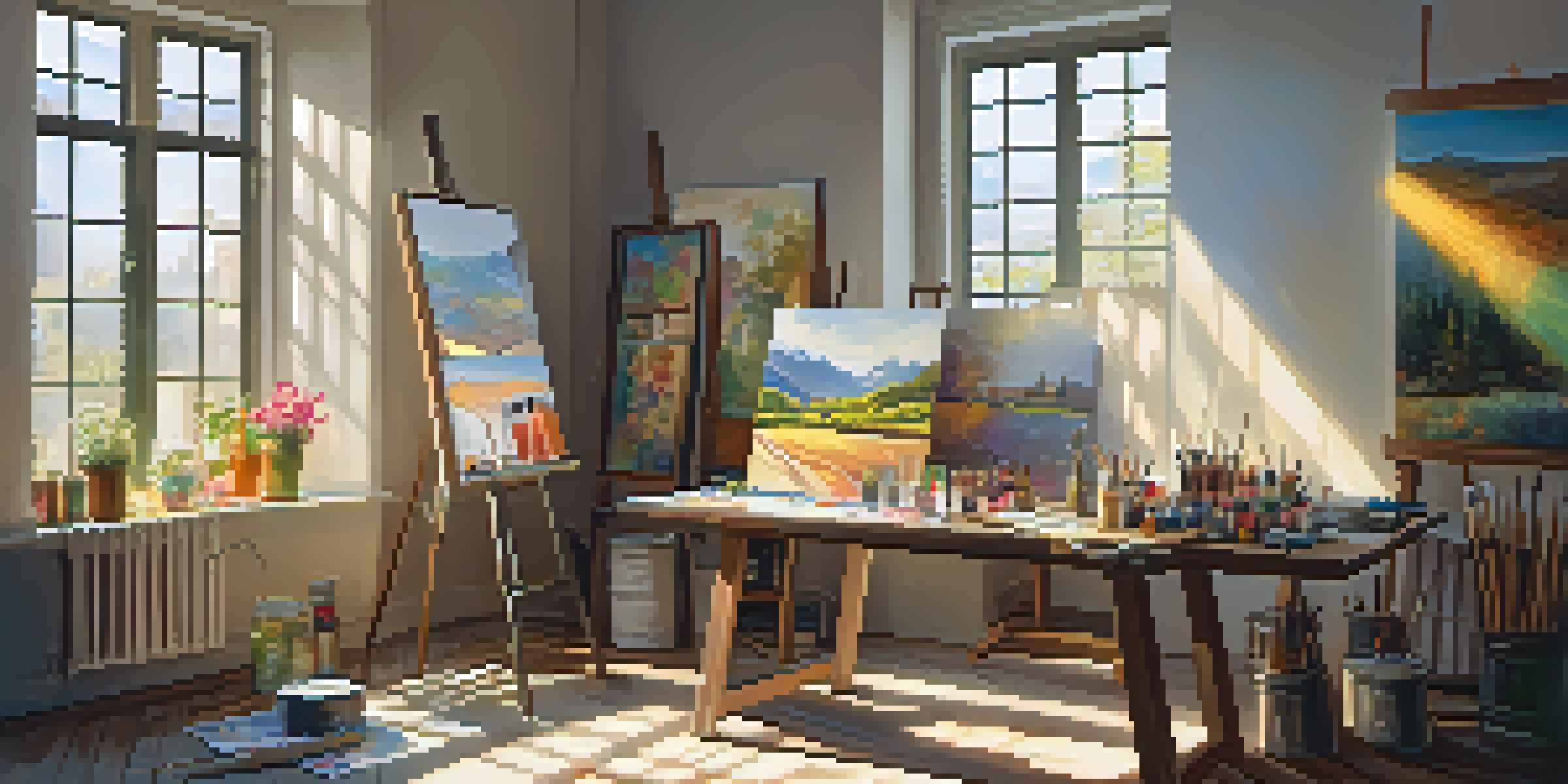 An artist in a bright studio painting on a canvas, surrounded by colorful artworks and art supplies.