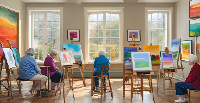 Seniors participating in an art therapy session, painting on easels in a well-lit, cozy room with their artwork displayed on the walls.