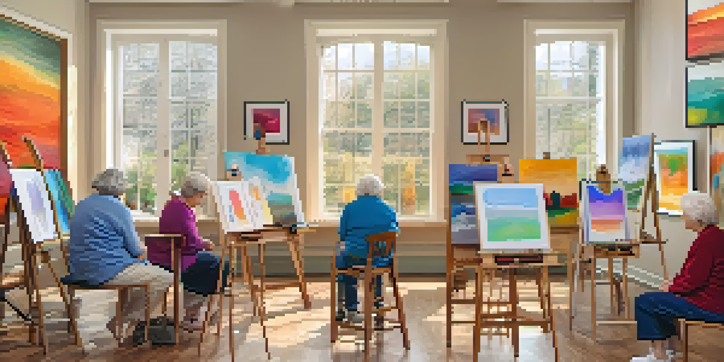 Seniors participating in an art therapy session, painting on easels in a well-lit, cozy room with their artwork displayed on the walls.