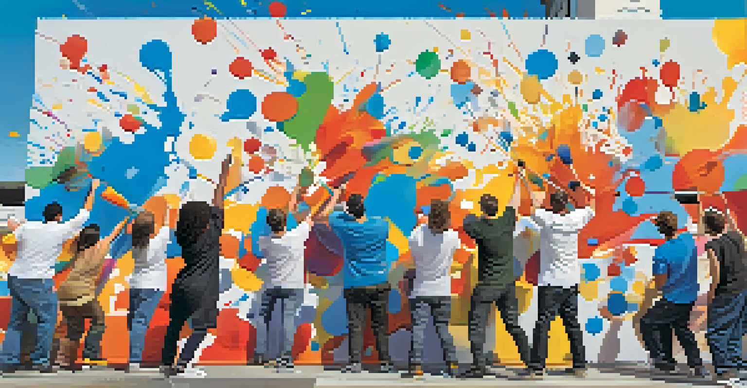 A group of diverse artists collaborating on a colorful mural in an urban environment.
