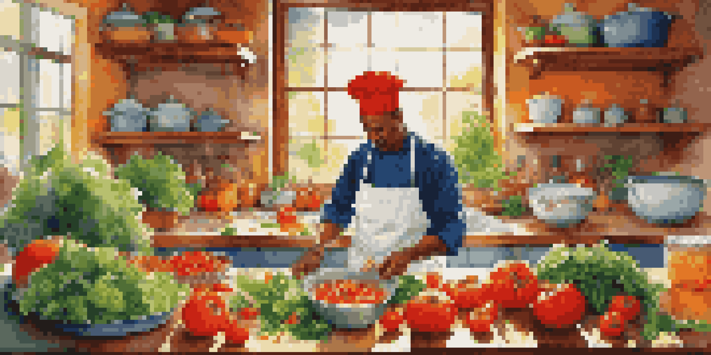 A chef in a colorful kitchen preparing a meal with fresh ingredients, illuminated by sunlight.