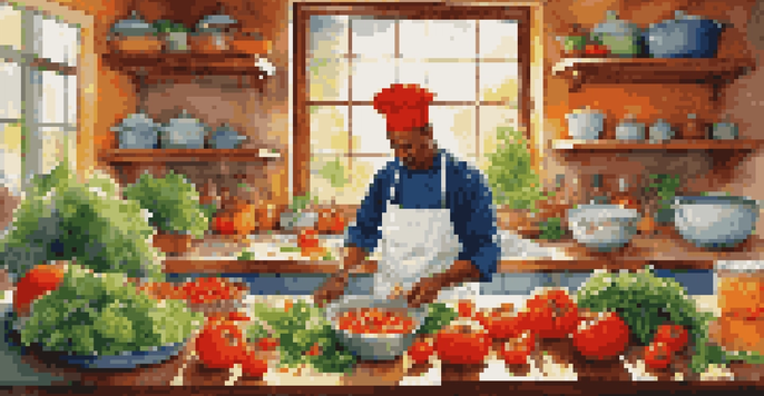 A chef in a colorful kitchen preparing a meal with fresh ingredients, illuminated by sunlight.