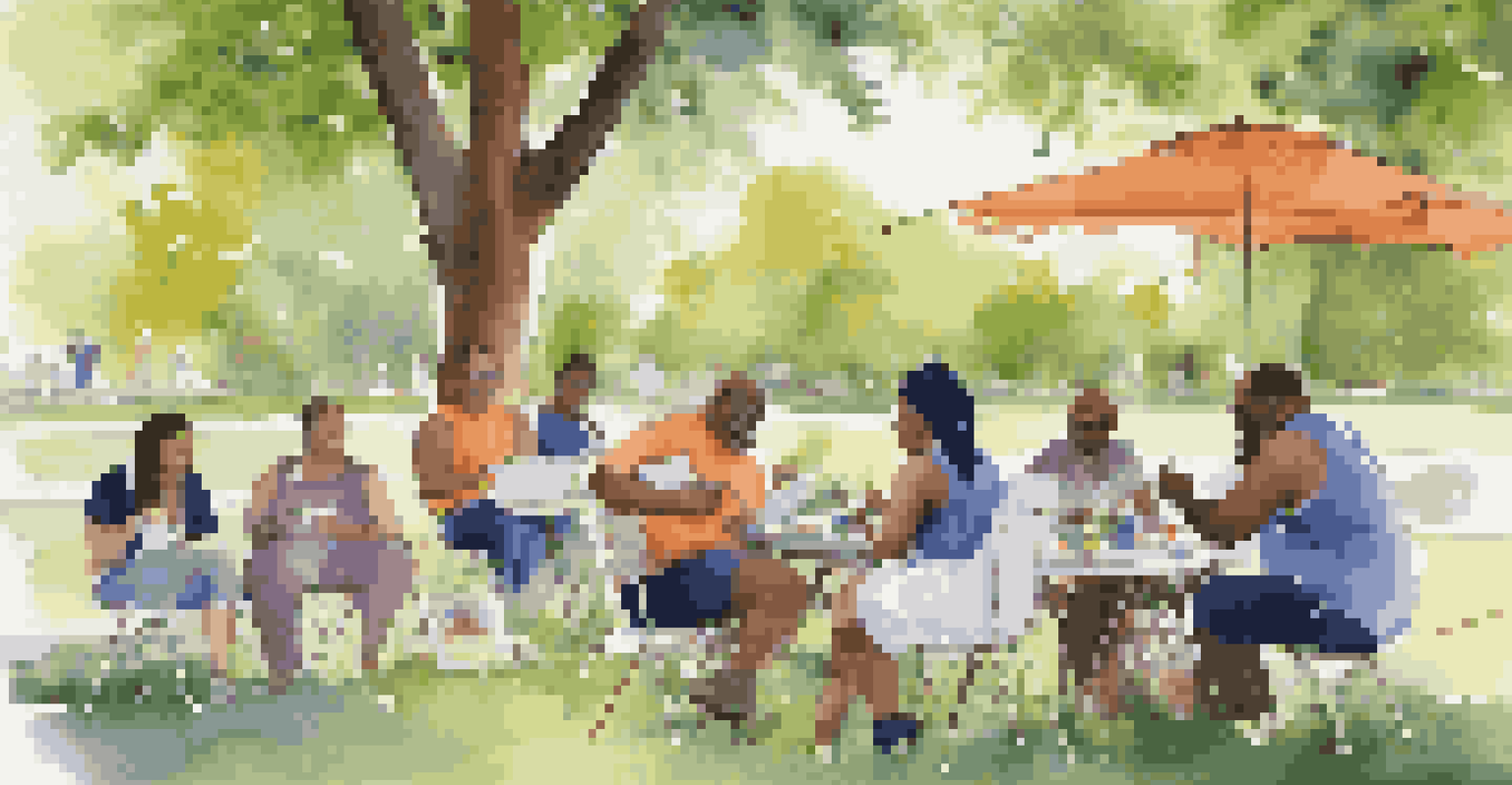 A diverse group of people participating in a community art workshop outdoors, surrounded by nature and colorful canvases.