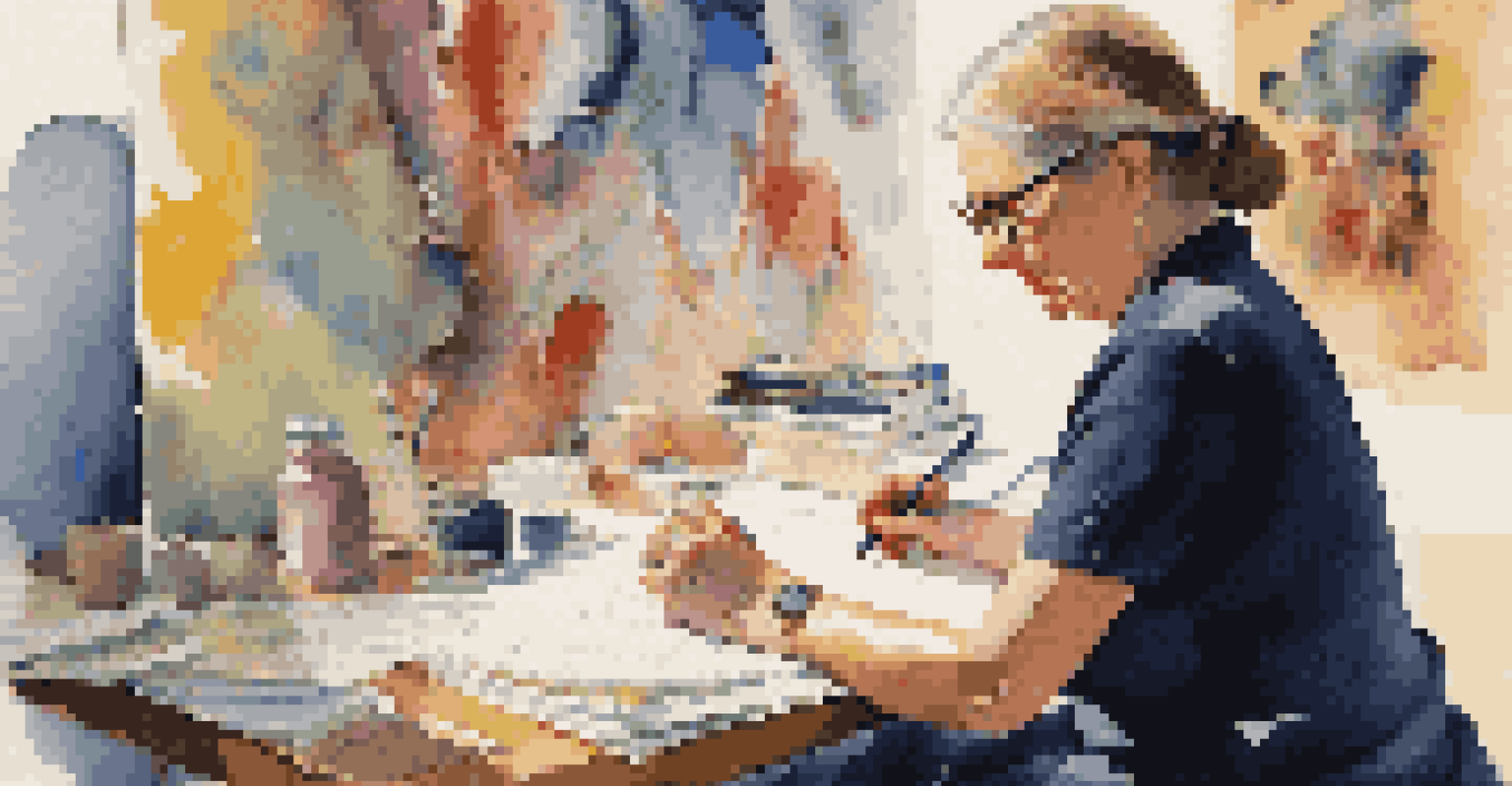 A close-up of a woman art critic writing notes while observing a large abstract painting in a studio.