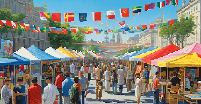A lively art fair featuring diverse artists displaying colorful artworks, with visitors interacting and cultural flags in the background.
