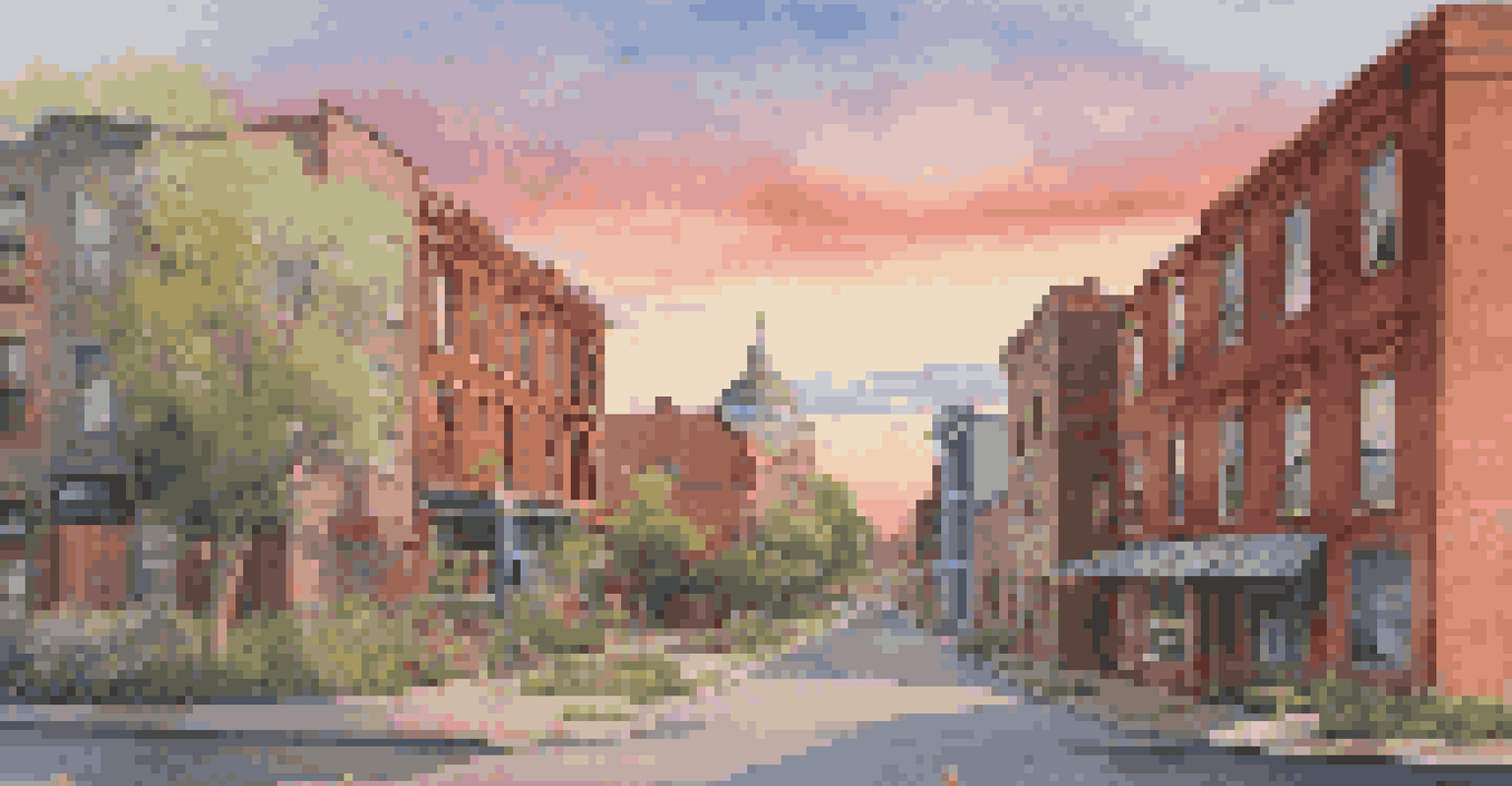 A picturesque gentrifying neighborhood showcasing a public art installation, with modern buildings alongside historic architecture under a pastel sunset sky.
