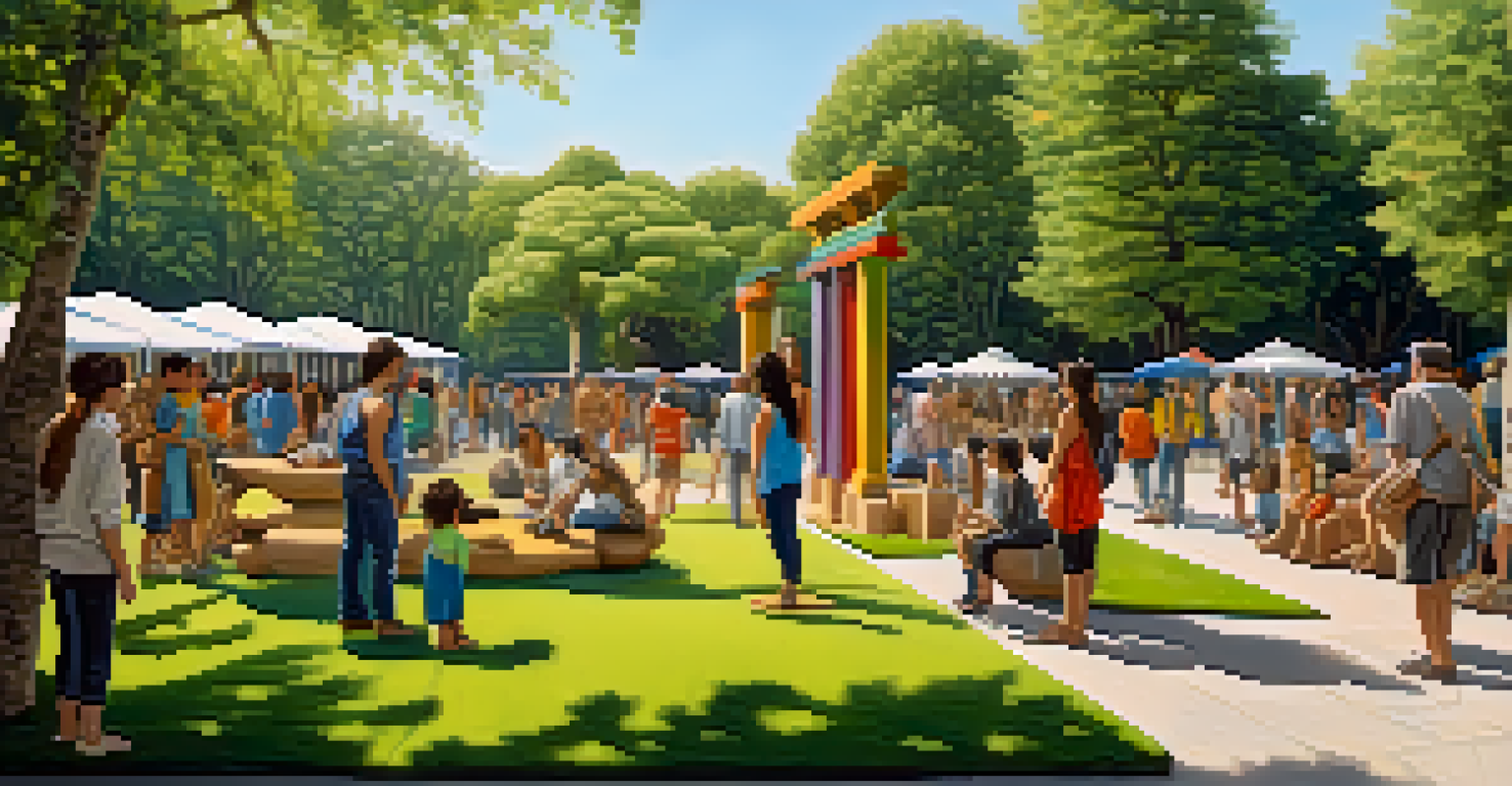 An outdoor gallery in a park showcasing sculptures and installations from various cultures, with visitors engaging with the art in a lush setting.