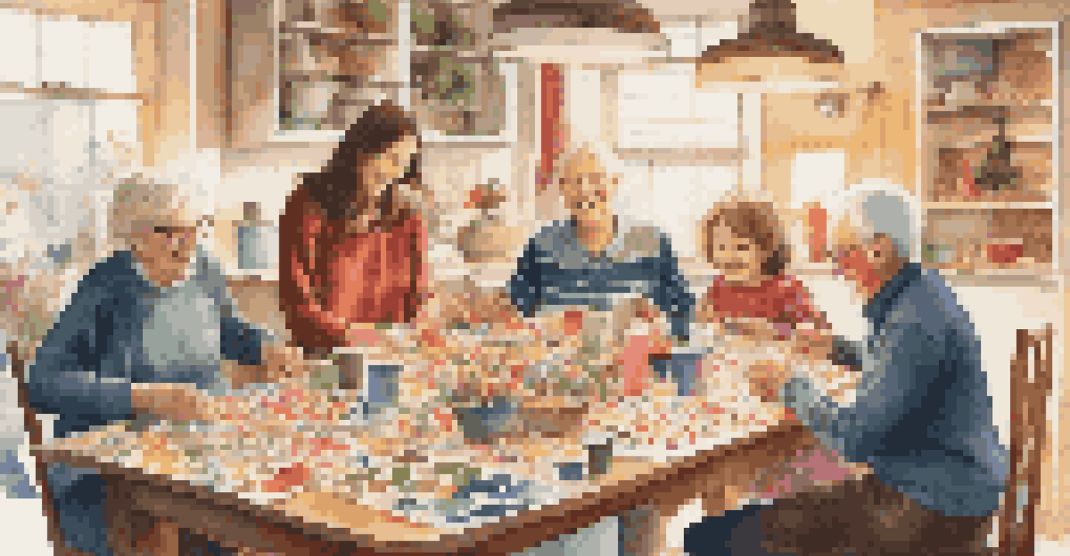 A family of seniors and children happily crafting holiday decorations together at a dining table filled with art supplies.