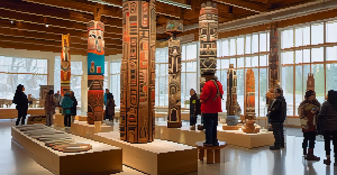A museum exhibit displaying Indigenous art with totem poles, textiles, and pottery, featuring diverse visitors and a weaving demonstration.