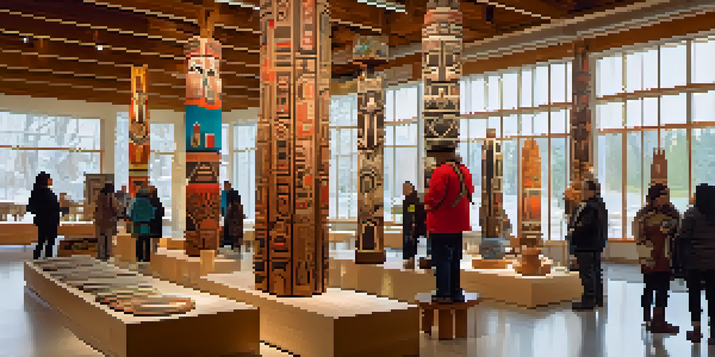 A museum exhibit displaying Indigenous art with totem poles, textiles, and pottery, featuring diverse visitors and a weaving demonstration.