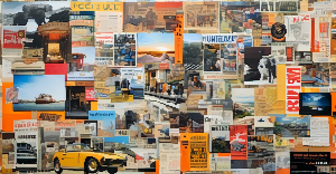 A colorful collage showcasing overlapping photographs, ticket stubs, and magazine cutouts, illustrating the interconnectedness of memories.