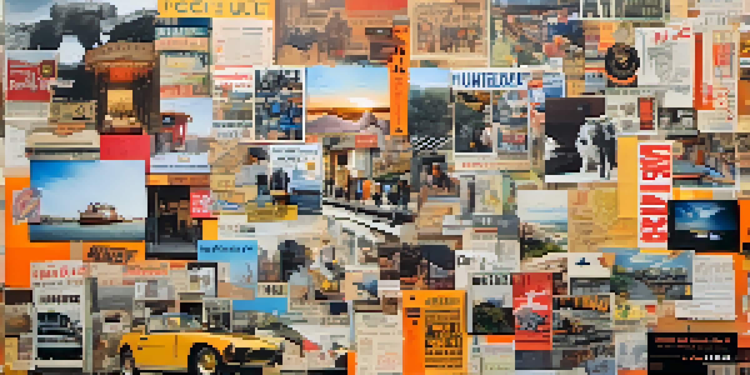 A colorful collage showcasing overlapping photographs, ticket stubs, and magazine cutouts, illustrating the interconnectedness of memories.