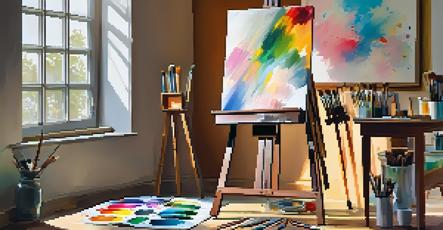 An artist's easel with a colorful canvas and scattered brushes in a sunlit studio.