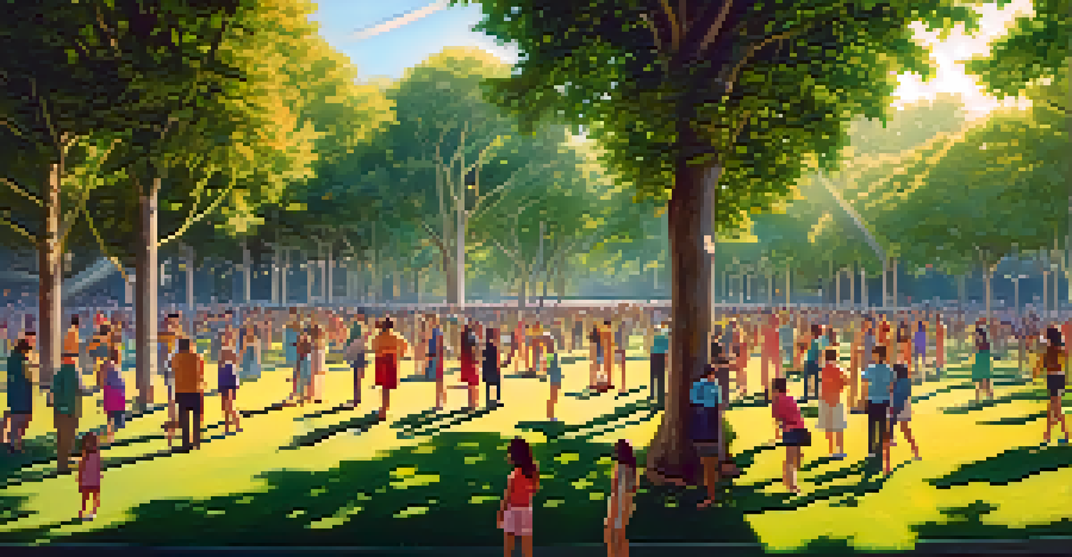 A large outdoor performance art installation where participants weave colorful ribbons around trees in a park, with sunlight filtering through leaves and an engaged audience observing.