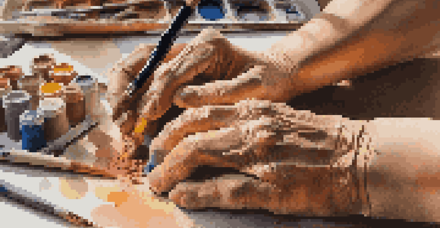A close-up view of hands shaping a clay sculpture, surrounded by artistic tools and paints, with warm lighting emphasizing the textures.