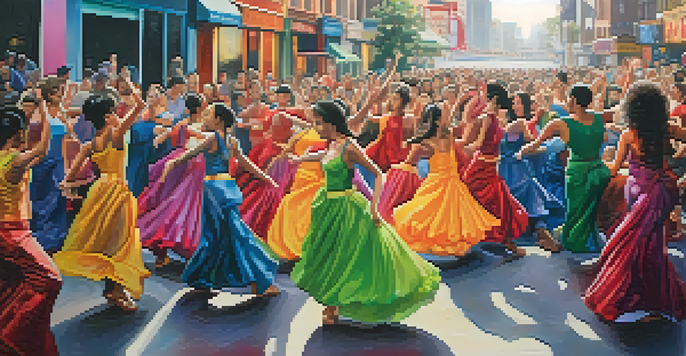 A lively performance artist in colorful costume engaging with diverse audience in an urban setting, illuminated by city lights.