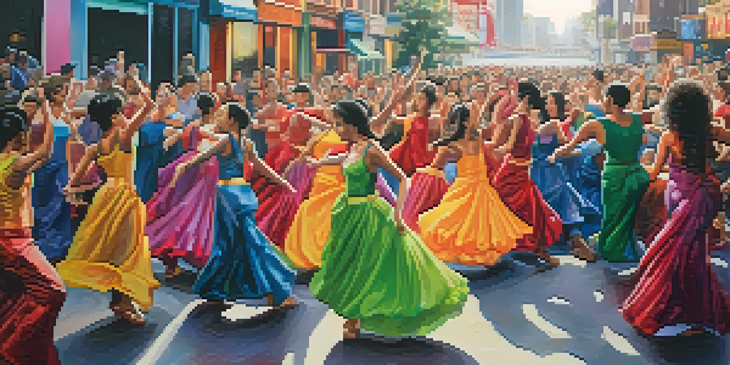 A lively performance artist in colorful costume engaging with diverse audience in an urban setting, illuminated by city lights.